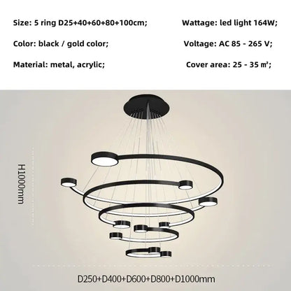 Modern black and gold led ring chandelier with sleek metal and acrylic design for dining living room and lobby by DecorBites