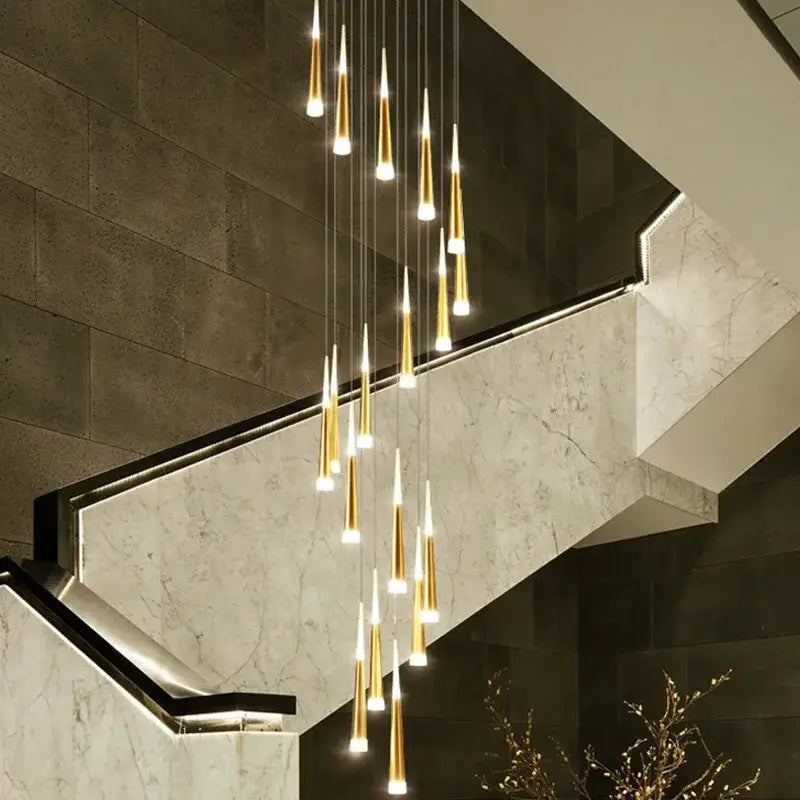 Golden modern led ring chandelier with sleek tapered glass shades in a cascading design for villa decor lighting