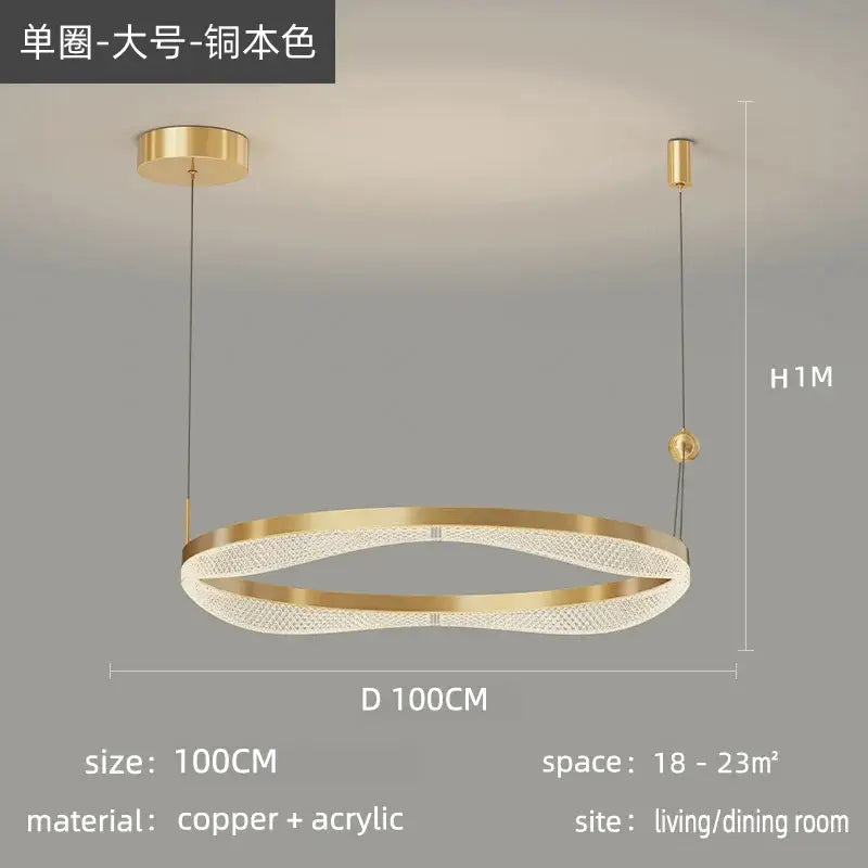 Decorbites™ led ring pendant chandelier with gold-toned copper frame and textured acrylic ring for living or dining rooms