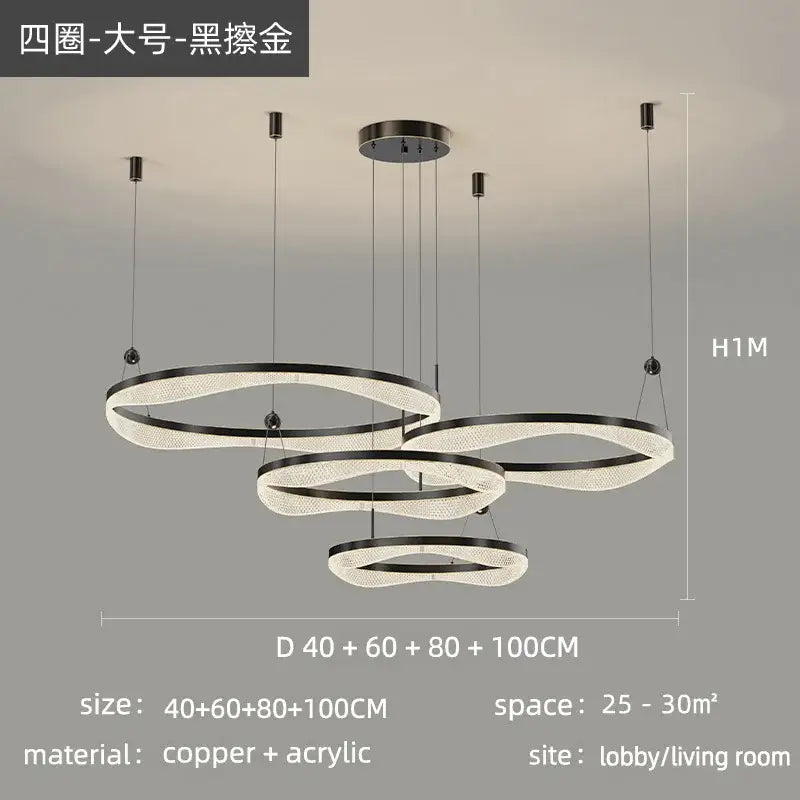 Modern black gold led ring pendant chandelier with sleek layered copper and acrylic design for living room and bedroom