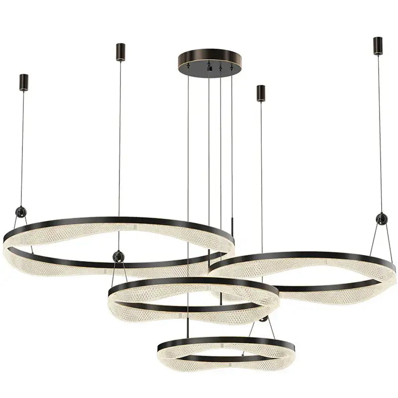 Modern black and frosted glass led ring pendant chandelier with overlapping circular designs for living and dining rooms