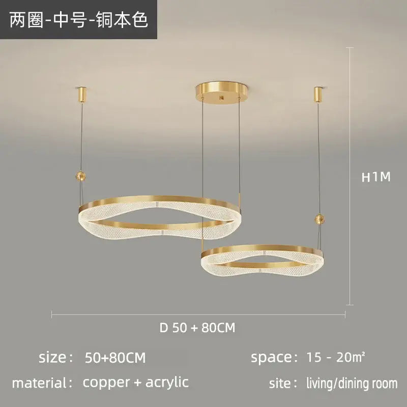 Gold-toned DecorBites™ led ring pendant chandelier with interlocking rings, textured acrylic diffuser, and copper frame for living areas