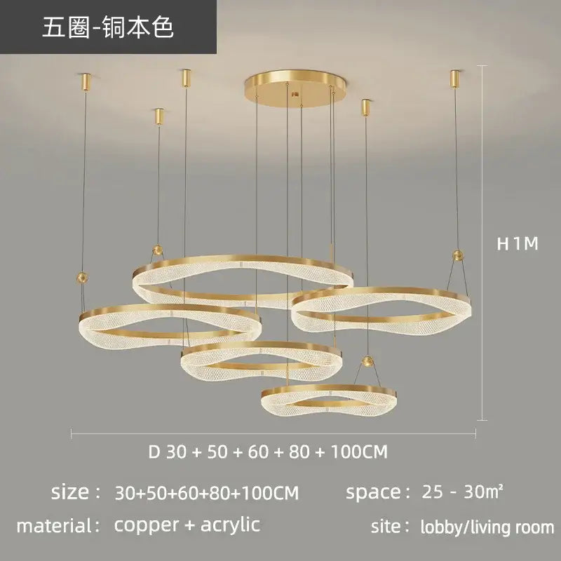 Gold-toned DecorBites™ led ring pendant chandelier with five interlocking copper and acrylic rings for living and dining rooms