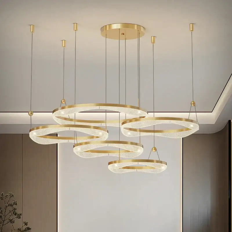 DecorBites™ modern gold-toned led ring pendant chandelier with translucent mesh rings for living room and dining room
