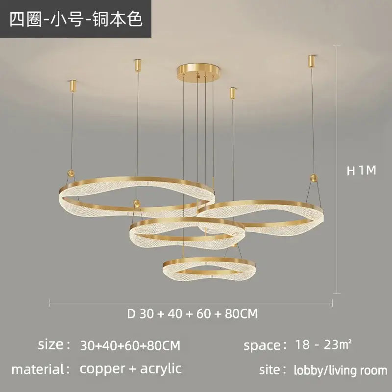 Modern gold-toned copper and acrylic led ring pendant chandelier with layered interlocking circles for living room dining room