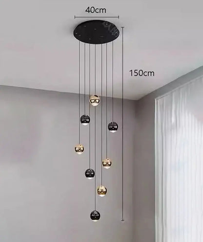 Modern black and gold spherical pendant chandelier with circular ceiling mount and adjustable heads size diameter by DecorBites™