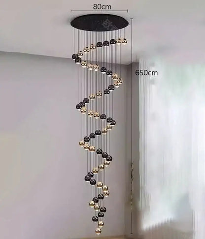 Decorbites™ led ring pendant light with modern spiral design features alternating black and gold spherical bulbs with heads size diameter for home decor