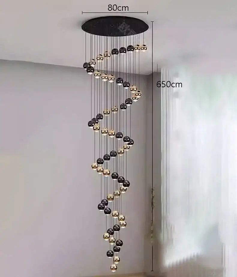 Decorbites™ led ring pendant light with modern spiral design features alternating black and gold spherical bulbs with heads size diameter for home decor