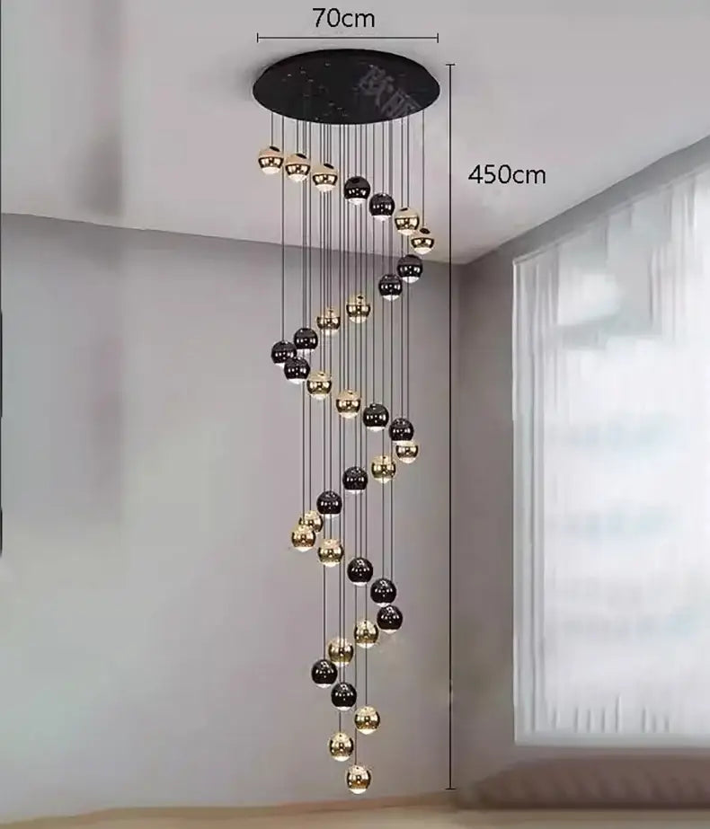 DecorBites™ modern spiral chandelier pendant light with alternating black and gold spherical bulbs heads size diameter