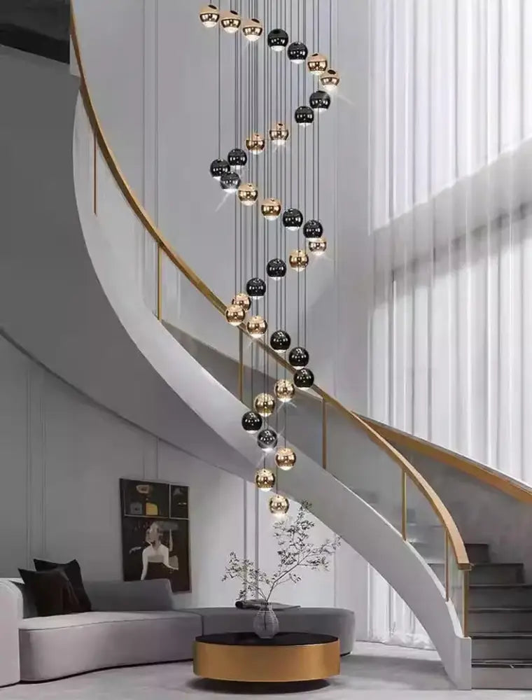 Decorbites™ led ring pendant light with heads size diameter complements sleek white spiral staircase with gold handrails