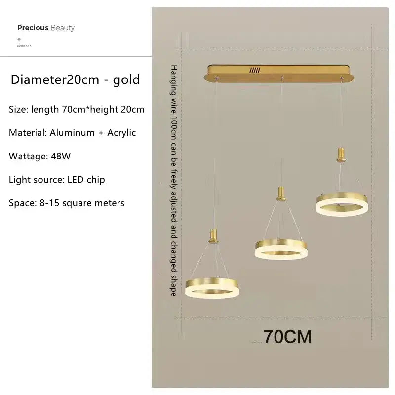 Decorbites™ led rings ceiling chandelier with gold aluminum and acrylic rings and adjustable hanging wires for dimmable lighting