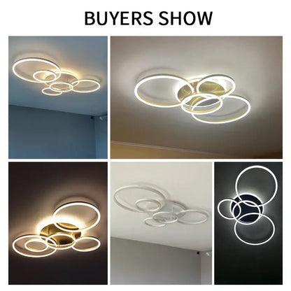 DecorBites™ led rings ceiling chandelier with dimmable interlocking circular rings in white and gold finish for modern decor