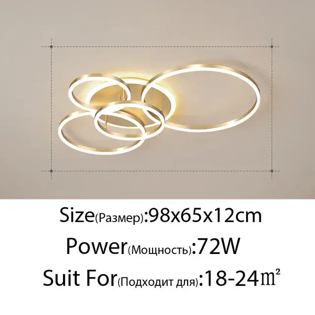 Modern gold-finished DecorBites™ led rings ceiling chandelier with overlapping circular rings for decorative living room use