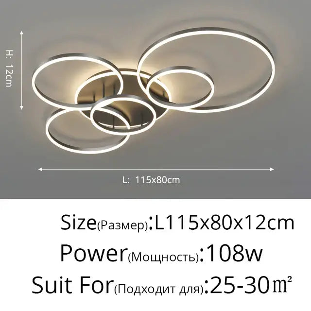 Modern silver-toned decorbites led rings ceiling chandelier with overlapping circular rings for dimmable indoor lighting
