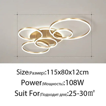 Modern gold-finished decorbites™ led rings ceiling chandelier with overlapping rings and integrated dimmable led lighting