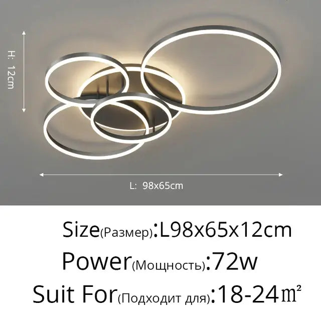 Modern silver metallic decorbites™ led rings ceiling chandelier with four interlocking circular rings and warm white light