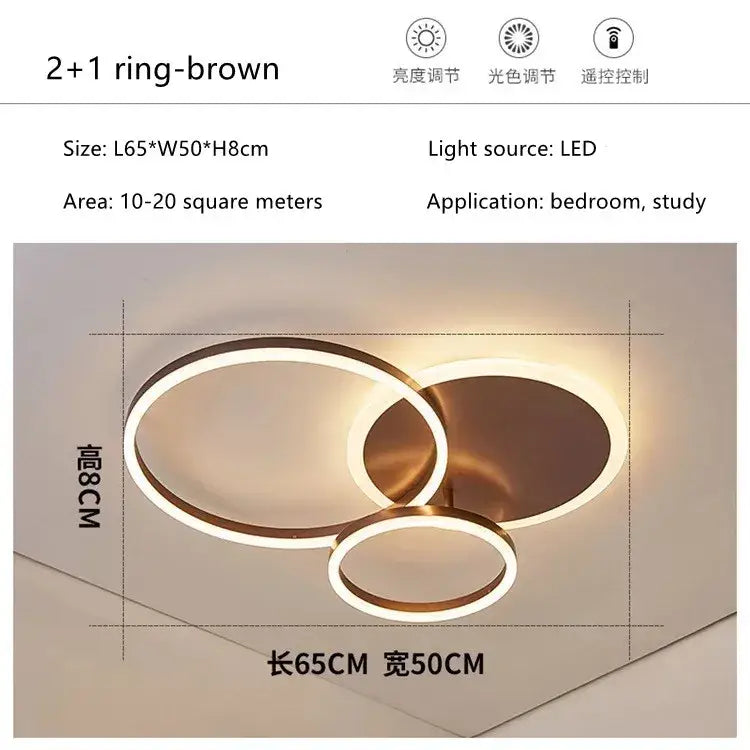 Modern brown led rings ceiling chandelier with three overlapping circular rings for dimmable indoor living room lighting