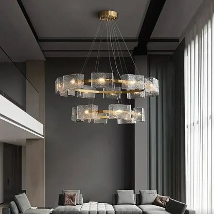 Modern two-tiered DecorBites LED ripples glass chandelier with textured glass cubes and gold-toned metal frames