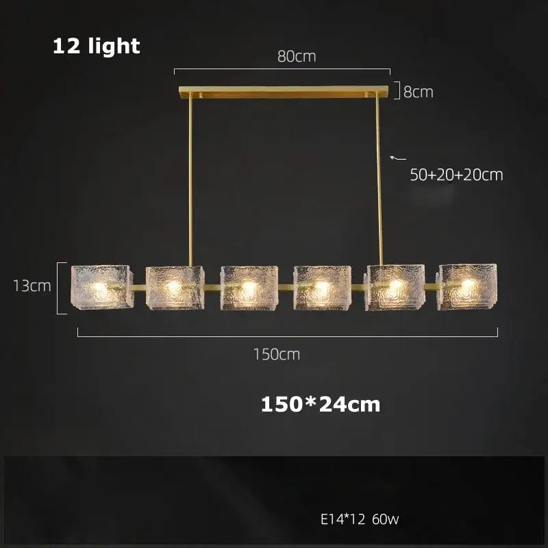 Gold-toned DecorBites™ led ripples glass chandelier with six frosted glass cube shades and sleek metal frame for modern luxury