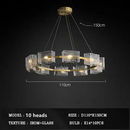 Gold-toned decorbites™ led ripples glass chandelier with ten frosted cube lights in a circular pattern for modern luxury