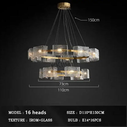 Gold-toned decorbites led ripples glass chandelier with concentric frosted cubes for modern living spaces