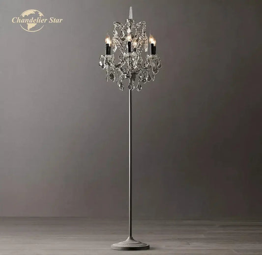 Elegant DecorBites™ LED Rococo crystal iron floor lamp with slender metallic stand and candle-like bulbs in chandelier style