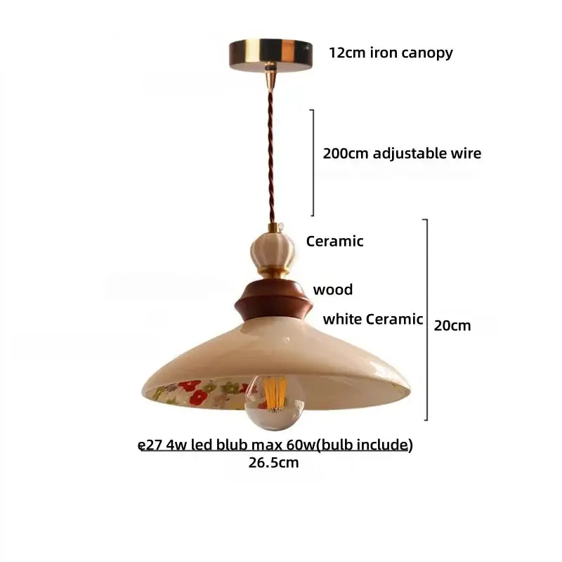 Cream-colored decorbites led rose flower pendant lamp with ceramic body, floral interior, wooden ring, and brass fittings