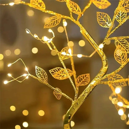 DecorBites™ golden wire tree fairy lamp with intricate leaf cutouts and warm led lights for christmas tree decor