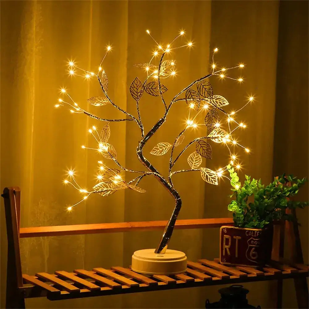 DecorBites™ LED rose leaf table lamp with dark metallic branches and warm white christmas tree fairy lights