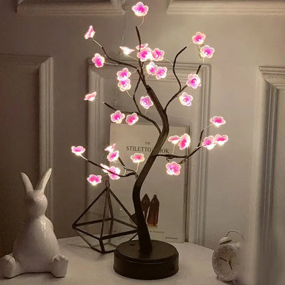 Decorbites™ led rose leaf table lamp with pink glowing cherry blossom flowers and dark brown branch structure, ideal tree fairy light