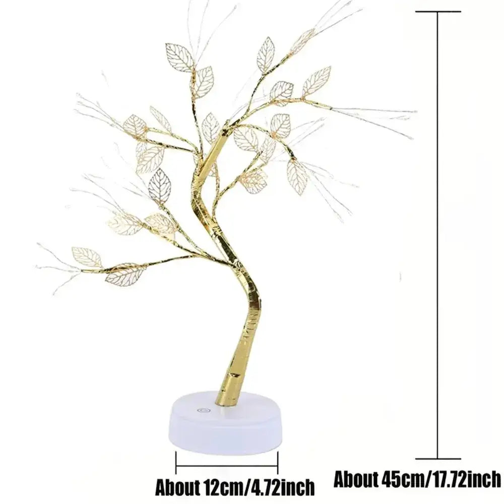 Gold-colored wire tree fairy lamp with delicate leaf designs and white base for christmas tree and home decoration