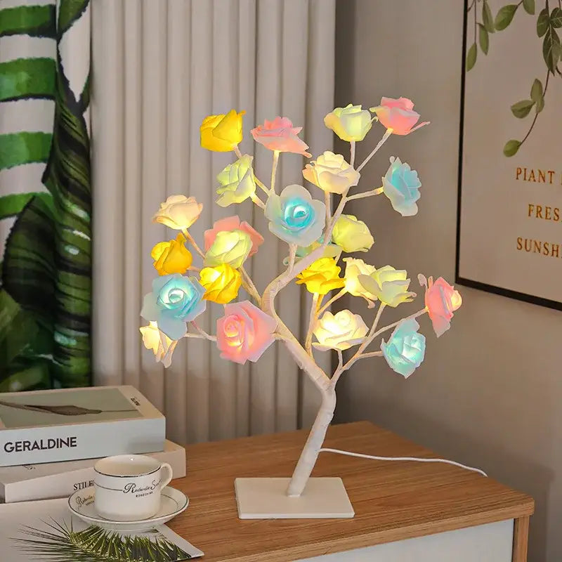 Decorbites™ led rose tree lamp with colorful pastel yellow pink and blue roses usb powered tree lamp for home decor