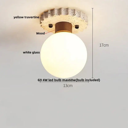 Decorbites led rotatable ceiling lamp with rounded white glass globe and yellow travertine wood base in nordic modern style