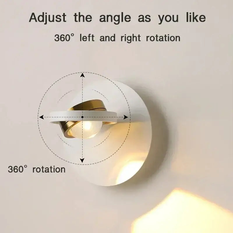 White circular decorbites™ led rotatable wall lamp with gold iron and aluminum head for modern indoor use
