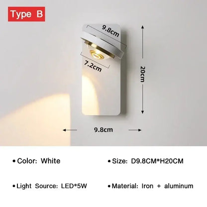 White led rotatable wall lamp with sleek modern design made of iron and aluminum for bedroom and living room use