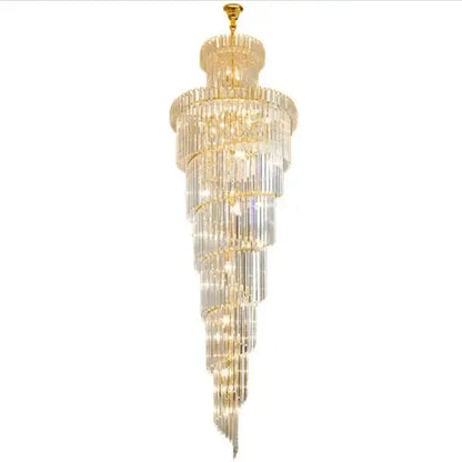 Decorbites™ led rotating staircase chandelier with clear crystal rods and gold metal accents for luxurious duplex décor
