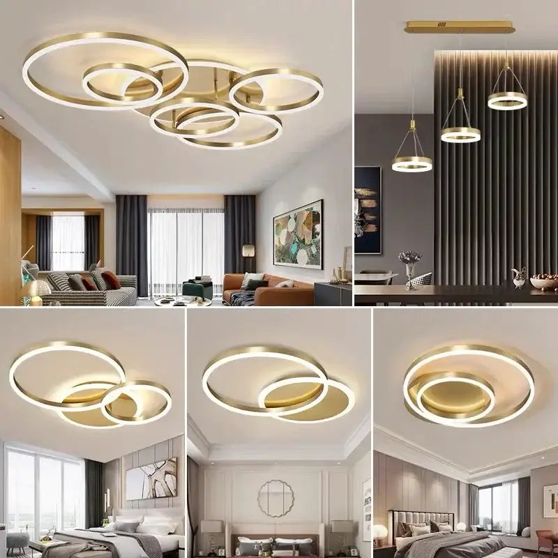 Modern gold-toned led round ceiling chandelier with concentric rings design for living room bedroom and restaurant use