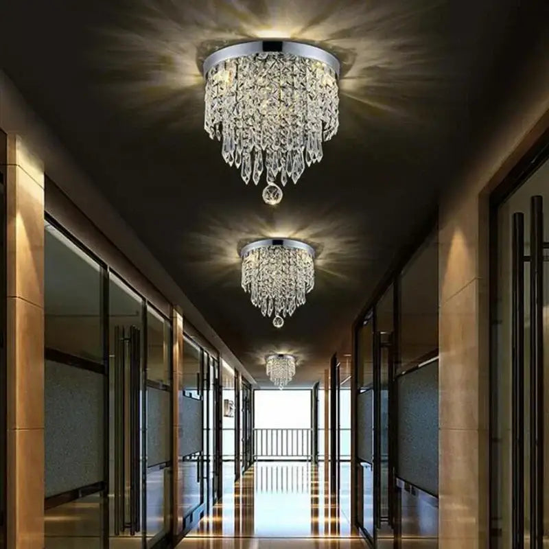 DecorBites™ led round ceiling light with crystal chandelier design, chrome base, and clear crystal droplets for bright room lighting