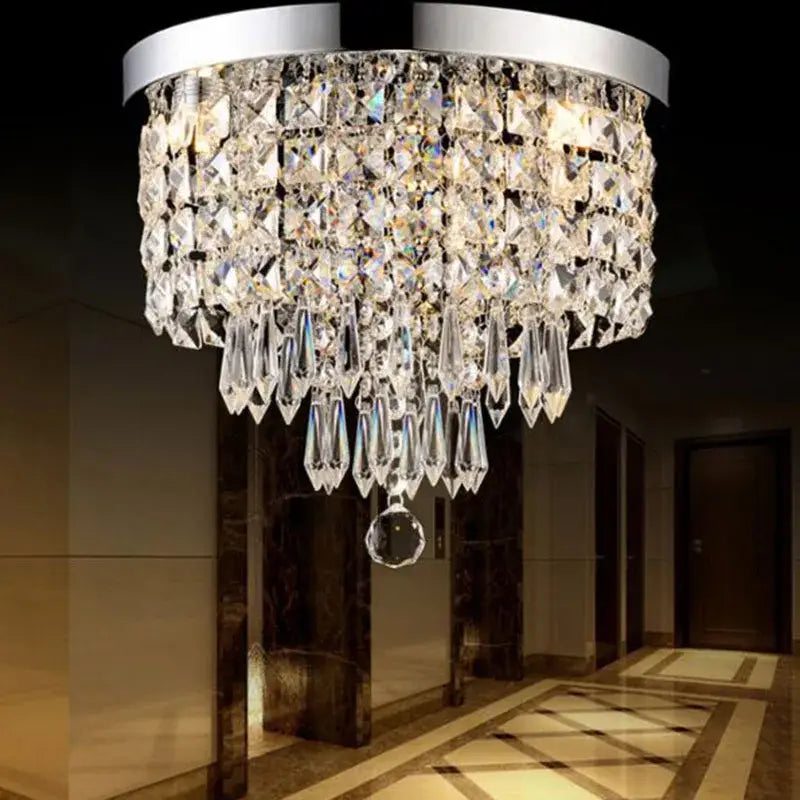 Decorbites™ led round ceiling light with chrome frame and cascading clear crystal tiers for bright corridor use