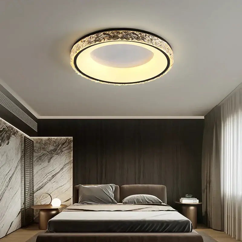 DecorBites™ LED round ceiling light with black frame, crystal embellishments, warm glow, and remote control for bedroom