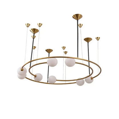 DecorBites™ gold-toned led round chandelier pendant light with concentric frames and frosted globe lights for living room