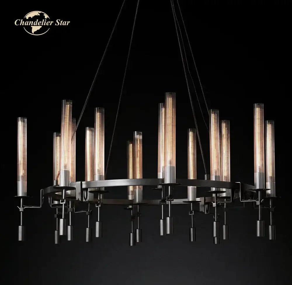 Industrial-style decorbites led round glass chandelier with dark metal frame and warm filament bulbs for living dining room lighting
