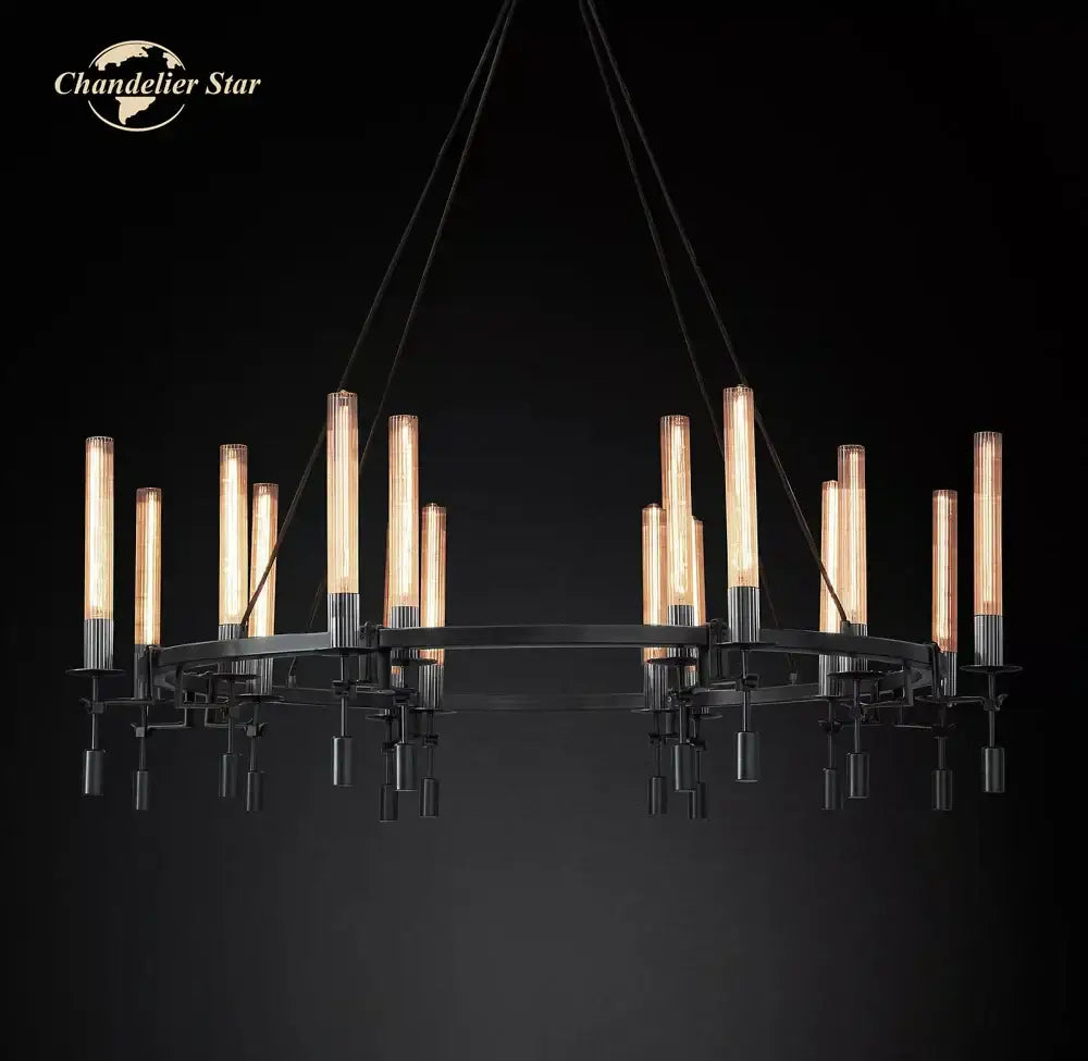 Industrial-style DecorBites LED round black metal chandelier with glowing filament bulbs for living dining lighting