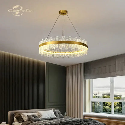 Decorbites led round gold-toned round glass chandelier with clear crystal accents stainless steel for bedroom lighting