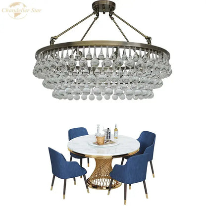 Brass-finished decorbites led round glass chandelier pendant lights with clear crystal wine glasses in modern living design