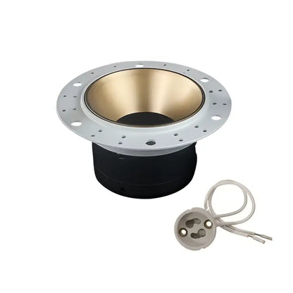Silver and black speaker component with gold cone and flanged mounting ring for decorbites led round recessed fixture