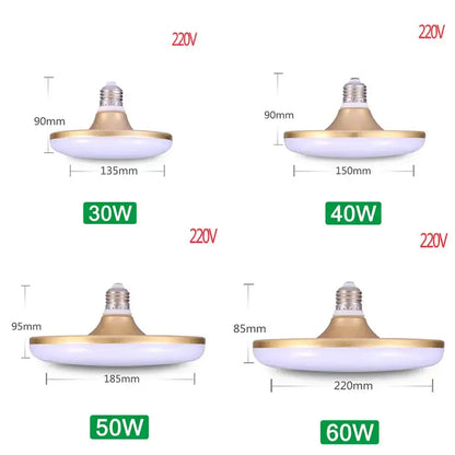 DecorBites™ LED round UFO ceiling light bulb in white and gold with varying wattages for super bright indoor lighting