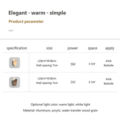 DecorBites led round wall lamp with aluminum-acrylic body and wood grain finish offers warm or white light options