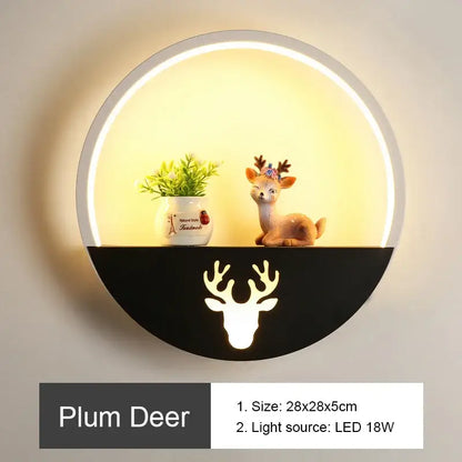 DecorBites™ LED round wall lamp with glowing white reindeer silhouette and illuminated circular frame for children room