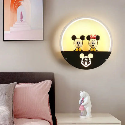 Decorbites led round wall lamp featuring illuminated mickey and minnie figurines with glowing black panel design